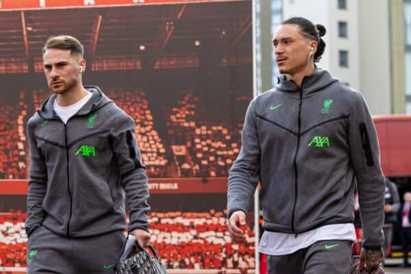 NOTTINGHAM, ENGLAND - Saturday, March 2, 2024: Liverpool's Darwin Núñez (R) and Alexis Mac Allister arrive before the FA Premier League match between Nottingham Forest FC and Liverpool FC at the City Ground. (Photo by David Rawcliffe/Propaganda)