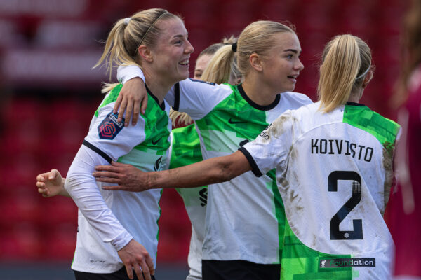 WALSALL, ENGLAND - Sunday, March 3, 2024: Liverpool's Sophie Roman Huag (L) celebrates after scoring the second goal during the FA Women’s Super League match between Aston Villa FC Women and Liverpool FC Women at the Bescot Stadium. (Photo by David Rawcliffe/Propaganda)