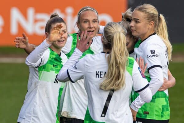 WALSALL, ENGLAND - Sunday, March 3, 2024: Liverpool's Emma Koivisto (2nd from L) celebrates with team-mates after scoring the fourth goal during the FA Women’s Super League match between Aston Villa FC Women and Liverpool FC Women at the Bescot Stadium. (Photo by David Rawcliffe/Propaganda)