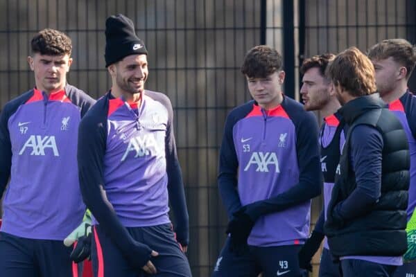 LIVERPOOL, ENGLAND - Wednesday, March 6, 2024: Liverpool's players walk out during a training session at the AXA Training Centre ahead of the UEFA Europa League Round of 16 1st Leg match between AC Sparta Prague and Liverpool FC. (Photo by Jessica Hornby/Propaganda)