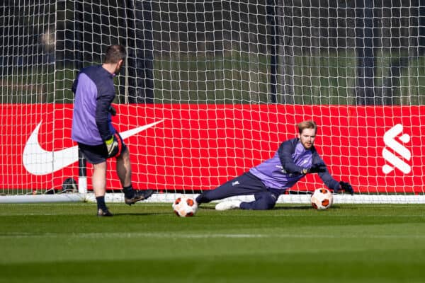 LIVERPOOL, ENGLAND - Wednesday, March 6, 2024: Liverpool's goalkeeper Caoimhin Kelleher during a training session at the AXA Training Centre ahead of the UEFA Europa League Round of 16 1st Leg match between AC Sparta Prague and Liverpool FC. (Photo by Jessica Hornby/Propaganda)