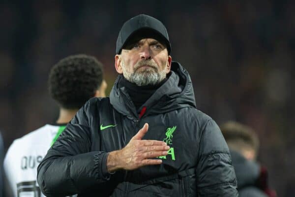 PRAGUE, CZECH REPUBLIC - Thursday, March 7, 2024: Liverpool's manager Jürgen Klopp celebrates after the UEFA Europa League Round of 16 1st Leg match between AC Sparta Praha and Liverpool FC at Stadion Letná. Liverpool won 5-1. (Photo by David Rawcliffe/Propaganda)