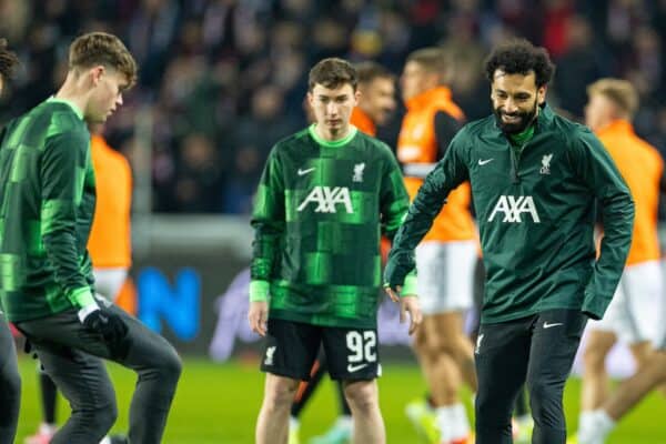 PRAGUE, CZECH REPUBLIC - Thursday, March 7, 2024: Liverpool's Mohamed Salah during the pre-match warm-up before the UEFA Europa League Round of 16 1st Leg match between AC Sparta Praha and Liverpool FC at Stadion Letná. (Photo by David Rawcliffe/Propaganda)