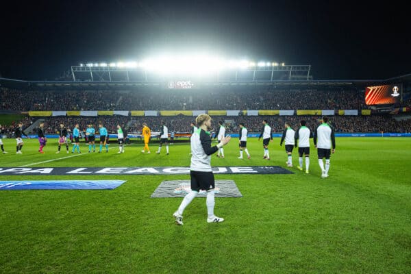 PRAGUE, CZECH REPUBLIC - Thursday, March 7, 2024: Liverpool's Harvey Elliott walks out before the UEFA Europa League Round of 16 1st Leg match between AC Sparta Praha and Liverpool FC at Stadion Letná. (Photo by David Rawcliffe/Propaganda)