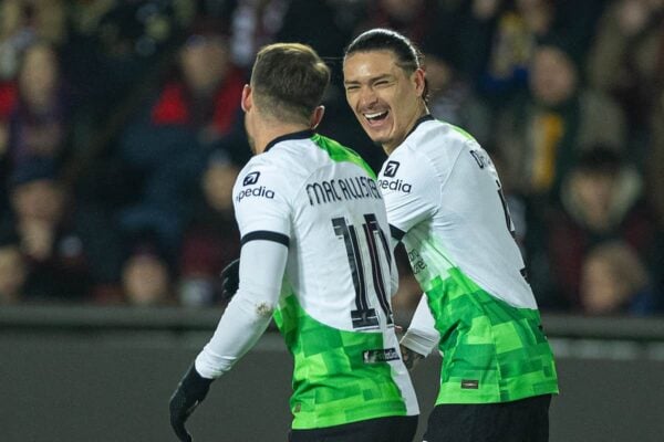 PRAGUE, CZECH REPUBLIC - Thursday, March 7, 2024: Liverpool's Alexis Mac Allister (L) celebrates with team-mate Darwin Núñez after scoring the first goal during the UEFA Europa League Round of 16 1st Leg match between AC Sparta Praha and Liverpool FC at Stadion Letná. (Photo by David Rawcliffe/Propaganda)