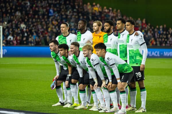 PRAGUE, CZECH REPUBLIC - Thursday, March 7, 2024: Liverpool players line-up for a team group photograph before the UEFA Europa League Round of 16 1st Leg match between AC Sparta Praha and Liverpool FC at Stadion Letná. (Photo by David Rawcliffe/Propaganda)