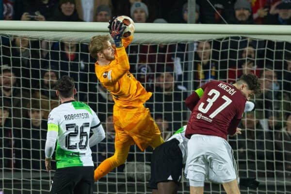 PRAGUE, CZECH REPUBLIC - Thursday, March 7, 2024: Liverpool's goalkeeper Caoimhin Kelleher during the UEFA Europa League Round of 16 1st Leg match between AC Sparta Praha and Liverpool FC at Stadion Letná. (Photo by David Rawcliffe/Propaganda)