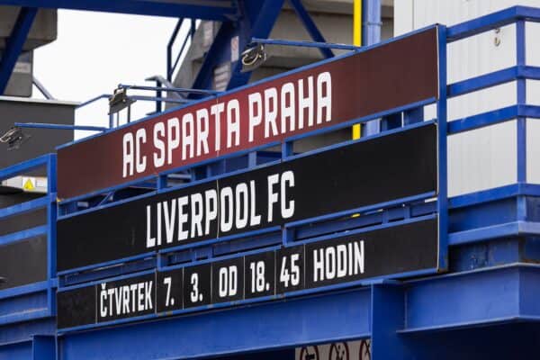 PRAGUE, CZECH REPUBLIC - Thursday, March 7, 2024: A sign shows Sparta Praha's next game, against Liverpool FC, seen before the UEFA Europa League Round of 16 1st Leg match between AC Sparta Praha and Liverpool FC at Stadion Letná. (Photo by David Rawcliffe/Propaganda)