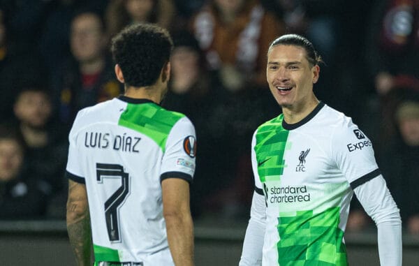 PRAGUE, CZECH REPUBLIC - Thursday, March 7, 2024: Liverpool's Darwin Núñez (R) celebrates with team-mate Luis Díaz after scoring the second goal during the UEFA Europa League Round of 16 1st Leg match between AC Sparta Praha and Liverpool FC at Stadion Letná. (Photo by David Rawcliffe/Propaganda)