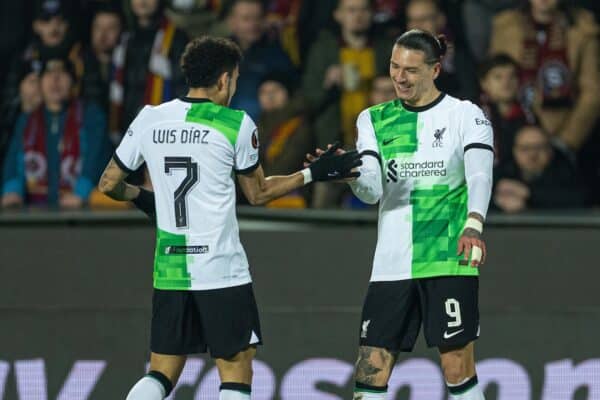  Liverpool's Darwin Núñez (R) celebrates with team-mate Luis Díaz after scoring the second goal during the UEFA Europa League Round of 16 1st Leg match between AC Sparta Praha and Liverpool FC at Stadion Letná. (Photo by David Rawcliffe/Propaganda)