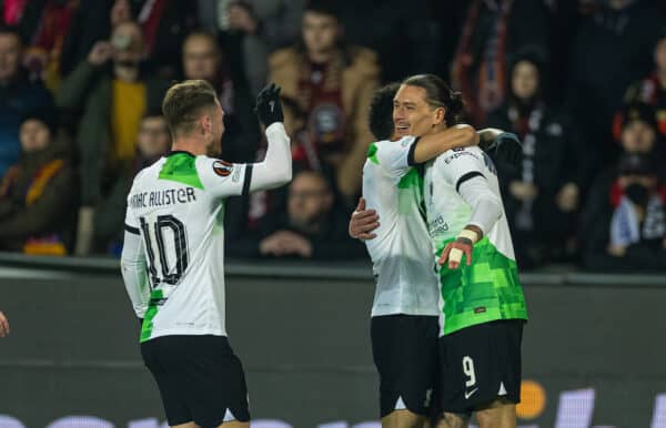 PRAGUE, CZECH REPUBLIC - Thursday, March 7, 2024: Liverpool's Darwin Núñez (R) celebrates with team-mate Luis Díaz after scoring the second goal during the UEFA Europa League Round of 16 1st Leg match between AC Sparta Praha and Liverpool FC at Stadion Letná. (Photo by David Rawcliffe/Propaganda)