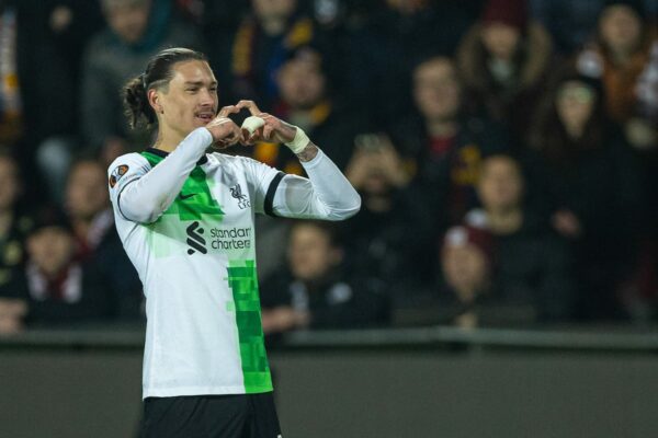 PRAGUE, CZECH REPUBLIC - Thursday, March 7, 2024: Liverpool's Darwin Núñez celebrates after scoring the second goal during the UEFA Europa League Round of 16 1st Leg match between AC Sparta Praha and Liverpool FC at Stadion Letná. (Photo by David Rawcliffe/Propaganda)