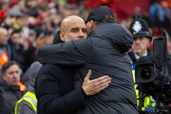 LIVERPOOL, ENGLAND - Sunday, March 10, 2024: Manchester City's manager Josep 'Pep' Guardiola (L) and Liverpool's manager Jürgen Klopp before the FA Premier League match between Liverpool FC and Manchester City FC at Anfield. (Photo by David Rawcliffe/Propaganda)