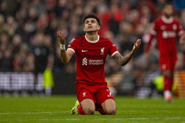 LIVERPOOL, ENGLAND - Sunday, March 10, 2024: Liverpool's Luis Díaz looks dejected after missing a chance during the FA Premier League match between Liverpool FC and Manchester City FC at Anfield. (Photo by David Rawcliffe/Propaganda)