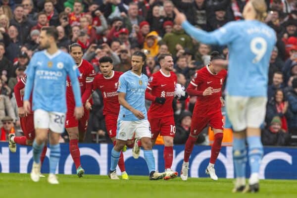 LIVERPOOL, ENGLAND - Sunday, March 10, 2024: Liverpool's Alexis Mac Allister celebrates after scoring the his side's first equalising goal during the FA Premier League match between Liverpool FC and Manchester City FC at Anfield. (Photo by David Rawcliffe/Propaganda)