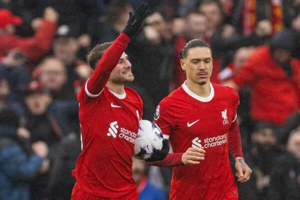 LIVERPOOL, ENGLAND - Sunday, March 10, 2024: Liverpool's Alexis Mac Allister celebrates after scoring the his side's first equalising goal during the FA Premier League match between Liverpool FC and Manchester City FC at Anfield. (Photo by David Rawcliffe/Propaganda)