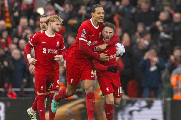 LIVERPOOL, ENGLAND - Sunday, March 10, 2024: Liverpool's Alexis Mac Allister celebrates after scoring the his side's first equalising goal during the FA Premier League match between Liverpool FC and Manchester City FC at Anfield. (Photo by David Rawcliffe/Propaganda)