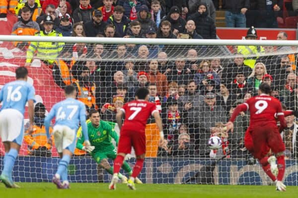 LIVERPOOL, ENGLAND - Sunday, March 10, 2024: Manchester City's goalkeeper Ederson Santana de Moraes is beaten as Liverpool's Alexis Mac Allister score the first equalising goal from a penalty kick during the FA Premier League match between Liverpool FC and Manchester City FC at Anfield. (Photo by David Rawcliffe/Propaganda)