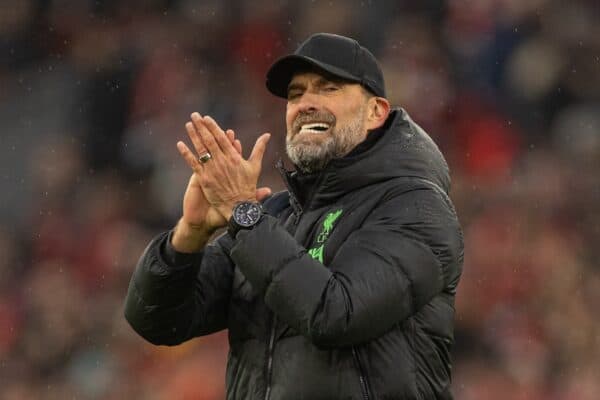 LIVERPOOL, ENGLAND - Sunday, March 10, 2024: Liverpool's manager Jürgen Klopp applauds the supporters after the FA Premier League match between Liverpool FC and Manchester City FC at Anfield. (Photo by David Rawcliffe/Propaganda)