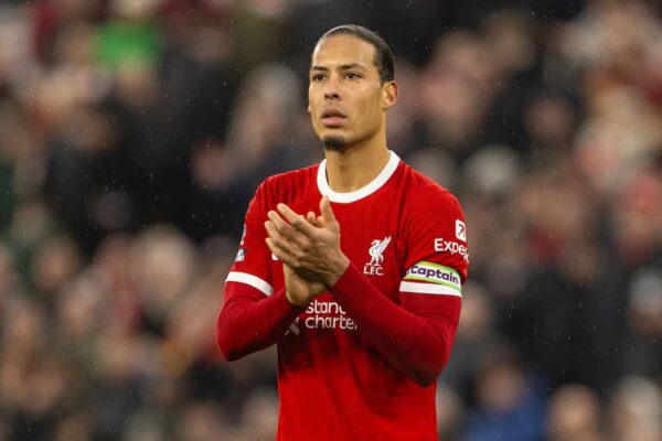 LIVERPOOL, ENGLAND - Sunday, March 10, 2024: Liverpool's captain Virgil van Dijk applauds the supporters after the FA Premier League match between Liverpool FC and Manchester City FC at Anfield. (Photo by David Rawcliffe/Propaganda)