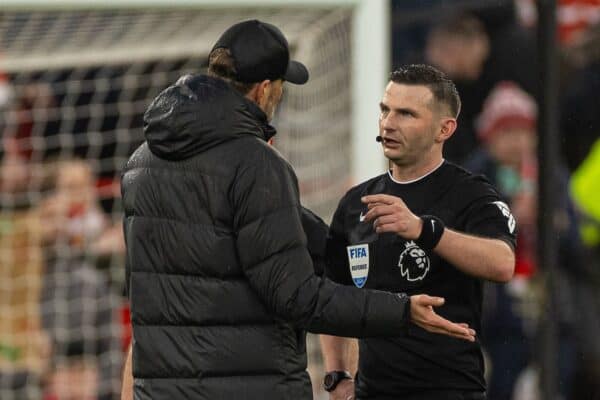 LIVERPOOL, ENGLAND - Sunday, March 10, 2024: Liverpool's manager Jürgen Klopp speaks to referee Michael Oliver after the FA Premier League match between Liverpool FC and Manchester City FC at Anfield. (Photo by David Rawcliffe/Propaganda)