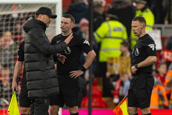 LIVERPOOL, ENGLAND - Sunday, March 10, 2024: Liverpool's manager Jürgen Klopp speaks to referee Michael Oliver after the FA Premier League match between Liverpool FC and Manchester City FC at Anfield. (Photo by David Rawcliffe/Propaganda)