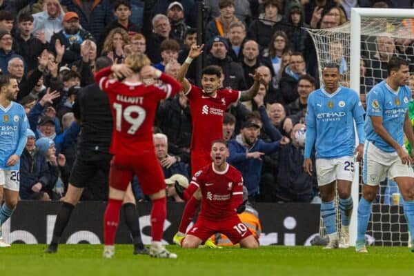 LIVERPOOL, ENGLAND - Sunday, March 10, 2024: Liverpool's Alexis Mac Allister appeals for a penalty during the FA Premier League match between Liverpool FC and Manchester City FC at Anfield. (Photo by David Rawcliffe/Propaganda)