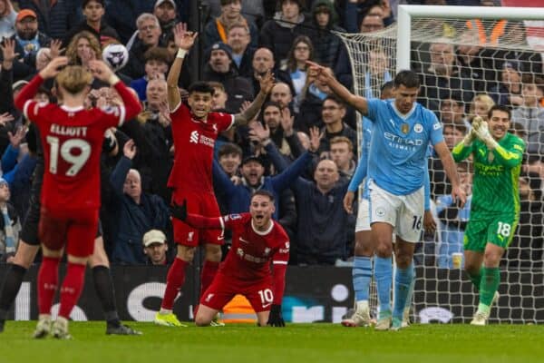 LIVERPOOL, ENGLAND - Sunday, March 10, 2024: Liverpool's Alexis Mac Allister appeals for a penalty during the FA Premier League match between Liverpool FC and Manchester City FC at Anfield. (Photo by David Rawcliffe/Propaganda)