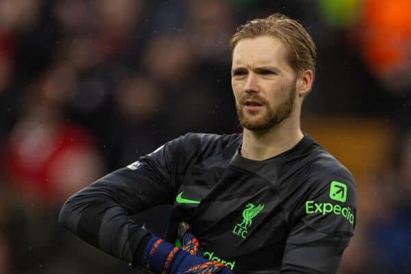 LIVERPOOL, ENGLAND - Sunday, March 10, 2024: Liverpool's goalkeeper Caoimhin Kelleher during the FA Premier League match between Liverpool FC and Manchester City FC at Anfield. (Photo by David Rawcliffe/Propaganda)
