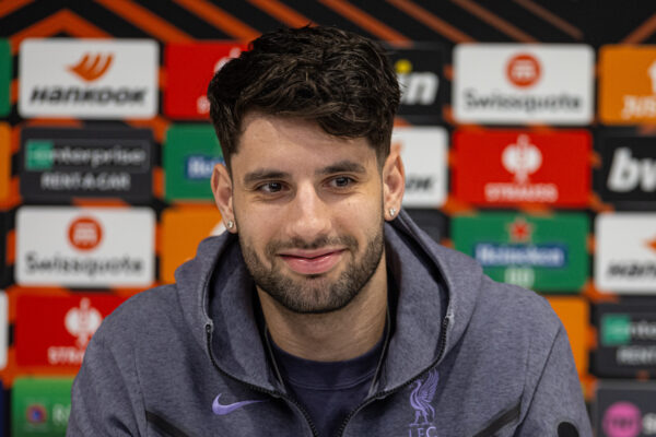 LIVERPOOL, ENGLAND - Wednesday, March 13, 2024: Liverpool's Dominik Szoboszlai during a press conference at Anfield ahead of the UEFA Europa League Round of 16 2nd Leg match between Liverpool FC and AC Sparta Praha. (Photo by David Rawcliffe/Propaganda)