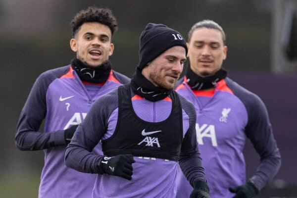 LIVERPOOL, ENGLAND - Wednesday, March 13, 2024: Liverpool's (L-R) Luis Díaz, Alexis Mac Allister, Darwin Núñez during a training session at the AXA Training Centre ahead of the UEFA Europa League Round of 16 2nd Leg match between Liverpool FC and AC Sparta Praha. (Photo by David Rawcliffe/Propaganda)