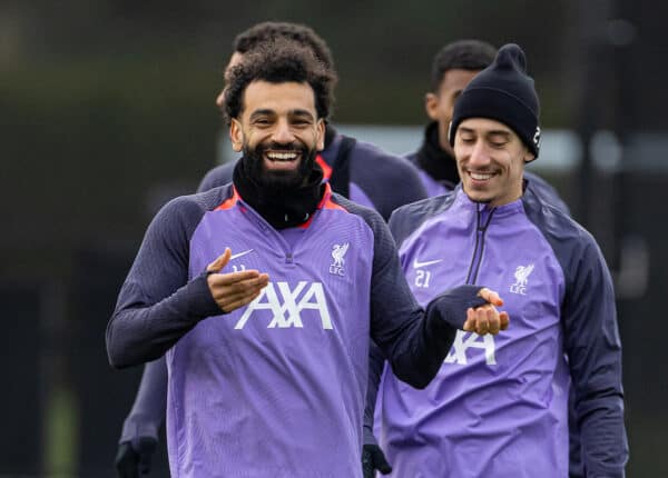 LIVERPOOL, ENGLAND - Wednesday, March 13, 2024: Liverpool's Mohamed Salah (L) and Kostas Tsimikas during a training session at the AXA Training Centre ahead of the UEFA Europa League Round of 16 2nd Leg match between Liverpool FC and AC Sparta Praha. (Photo by David Rawcliffe/Propaganda)