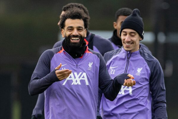 LIVERPOOL, ENGLAND - Wednesday, March 13, 2024: Liverpool's Mohamed Salah (L) and Kostas Tsimikas during a training session at the AXA Training Centre ahead of the UEFA Europa League Round of 16 2nd Leg match between Liverpool FC and AC Sparta Praha. (Photo by David Rawcliffe/Propaganda)