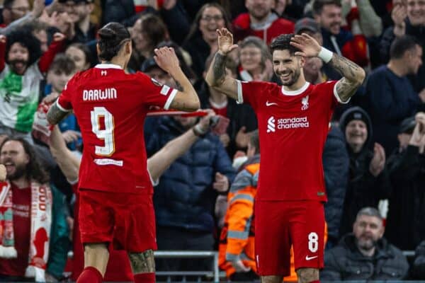 LIVERPOOL, ENGLAND - Thursday, March 14, 2024: Liverpool's Darwin Núñez (L) celebrates with team-mate Dominik Szoboszlai after scoring the first goal during the UEFA Europa League Round of 16 2nd Leg match between Liverpool FC and AC Sparta Praha at Anfield. (Photo by David Rawcliffe/Propaganda)