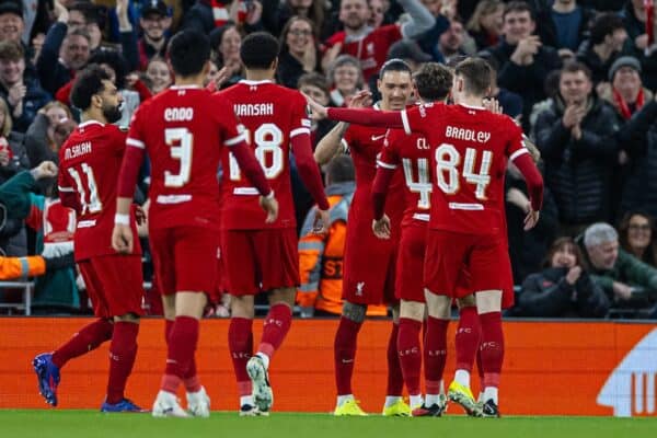 LIVERPOOL, ENGLAND - Thursday, March 14, 2024: Liverpool's Darwin Núñez celebrates after scoring the first goal during the UEFA Europa League Round of 16 2nd Leg match between Liverpool FC and AC Sparta Praha at Anfield. (Photo by David Rawcliffe/Propaganda)