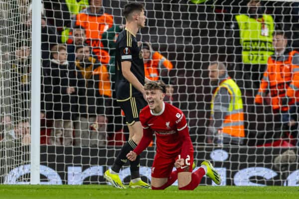 LIVERPOOL, ENGLAND - Thursday, March 14, 2024: Liverpool's Bobby Clark celebrates after scoring the second goal during the UEFA Europa League Round of 16 2nd Leg match between Liverpool FC and AC Sparta Praha at Anfield. (Photo by David Rawcliffe/Propaganda)