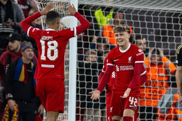 LIVERPOOL, ENGLAND - Thursday, March 14, 2024: Liverpool's Bobby Clark celebrates after scoring the second goal during the UEFA Europa League Round of 16 2nd Leg match between Liverpool FC and AC Sparta Praha at Anfield. (Photo by David Rawcliffe/Propaganda)