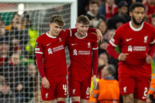 LIVERPOOL, ENGLAND - Thursday, March 14, 2024: Liverpool's Bobby Clark (L) celebrateswith team-mate Conor Bradley after scoring the second goal during the UEFA Europa League Round of 16 2nd Leg match between Liverpool FC and AC Sparta Praha at Anfield. (Photo by David Rawcliffe/Propaganda)