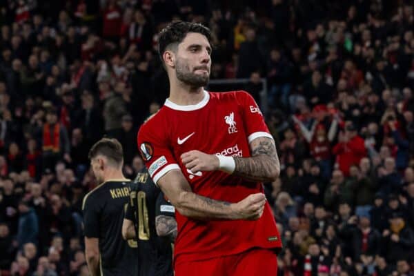 LIVERPOOL, ENGLAND - Thursday, March 14, 2024: Liverpool's Dominik Szoboszlai celebrates after scoring the fifth goal during the UEFA Europa League Round of 16 2nd Leg match between Liverpool FC and AC Sparta Praha at Anfield. (Photo by David Rawcliffe/Propaganda)