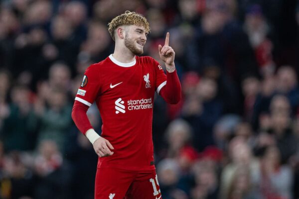 LIVERPOOL, ENGLAND - Thursday, March 14, 2024: Liverpool's Harvey Elliott celebrates after scoring the sixth goal during the UEFA Europa League Round of 16 2nd Leg match between Liverpool FC and AC Sparta Praha at Anfield. (Photo by David Rawcliffe/Propaganda)