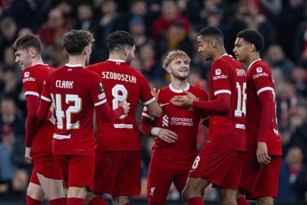 LIVERPOOL, ENGLAND - Thursday, March 14, 2024: Liverpool's Harvey Elliott and Cody Gakpo celebrate the sixth goal during the UEFA Europa League Round of 16 2nd Leg match between Liverpool FC and AC Sparta Praha at Anfield. (Photo by David Rawcliffe/Propaganda)