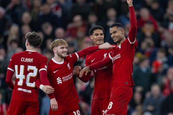 LIVERPOOL, ENGLAND - Thursday, March 14, 2024: Liverpool's Harvey Elliott and Cody Gakpo celebrate the sixth goal during the UEFA Europa League Round of 16 2nd Leg match between Liverpool FC and AC Sparta Praha at Anfield. (Photo by David Rawcliffe/Propaganda)