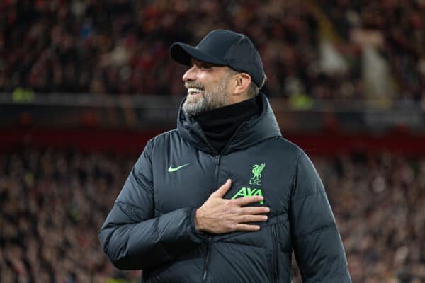  Liverpool's manager Jürgen Klopp during the UEFA Europa League Round of 16 2nd Leg match between Liverpool FC and AC Sparta Praha at Anfield. (Photo by David Rawcliffe/Propaganda)