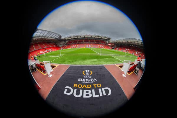 LIVERPOOL, ENGLAND - Thursday, March 14, 2024: Road to Dublin branding seen before the UEFA Europa League Round of 16 2nd Leg match between Liverpool FC and AC Sparta Praha at Anfield. (Photo by David Rawcliffe/Propaganda)