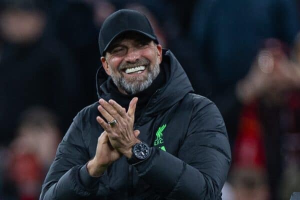 LIVERPOOL, ENGLAND - Thursday, March 14, 2024: Liverpool's manager Jürgen Klopp celebrates after during the UEFA Europa League Round of 16 2nd Leg match between Liverpool FC and AC Sparta Praha at Anfield. (Photo by David Rawcliffe/Propaganda)
