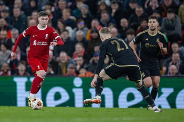 LIVERPOOL, ENGLAND - Thursday, March 14, 2024: Liverpool's Mateusz Musialowski during the UEFA Europa League Round of 16 2nd Leg match between Liverpool FC and AC Sparta Praha at Anfield. (Photo by David Rawcliffe/Propaganda)