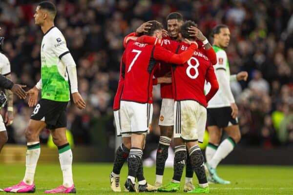 MANCHESTER, ENGLAND - Sunday, March 17, 2024: Manchester United's Marcus Rashford celebrates with team-mates after the FA Cup Quarter-Final match between Manchester United FC and Liverpool FC at Old Trafford. Man Utd won 4-3 in extra-time. (Photo by David Rawcliffe/Propaganda)