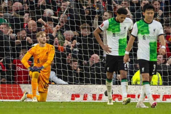 MANCHESTER, ENGLAND - Sunday, March 17, 2024: Liverpool's goalkeeper Caoimhin Kelleher looks dejected as Manchester United score the winning fourth goal, in extra-time, during the FA Cup Quarter-Final match between Manchester United FC and Liverpool FC at Old Trafford. Man Utd won 4-3 after extra-time. (Photo by David Rawcliffe/Propaganda)