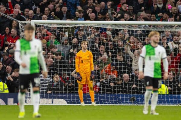 MANCHESTER, ENGLAND - Sunday, March 17, 2024: Liverpool's goalkeeper Caoimhin Kelleher looks dejected as Manchester United score the winning fourth goal, in extra-time, during the FA Cup Quarter-Final match between Manchester United FC and Liverpool FC at Old Trafford. Man Utd won 4-3 after extra-time. (Photo by David Rawcliffe/Propaganda)