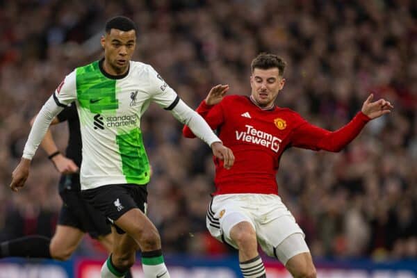 MANCHESTER, ENGLAND - Sunday, March 17, 2024: Liverpool's Cody Gakpo (L) is challenged by Manchester United's Mason Mount during the FA Cup Quarter-Final match between Manchester United FC and Liverpool FC at Old Trafford. (Photo by David Rawcliffe/Propaganda)